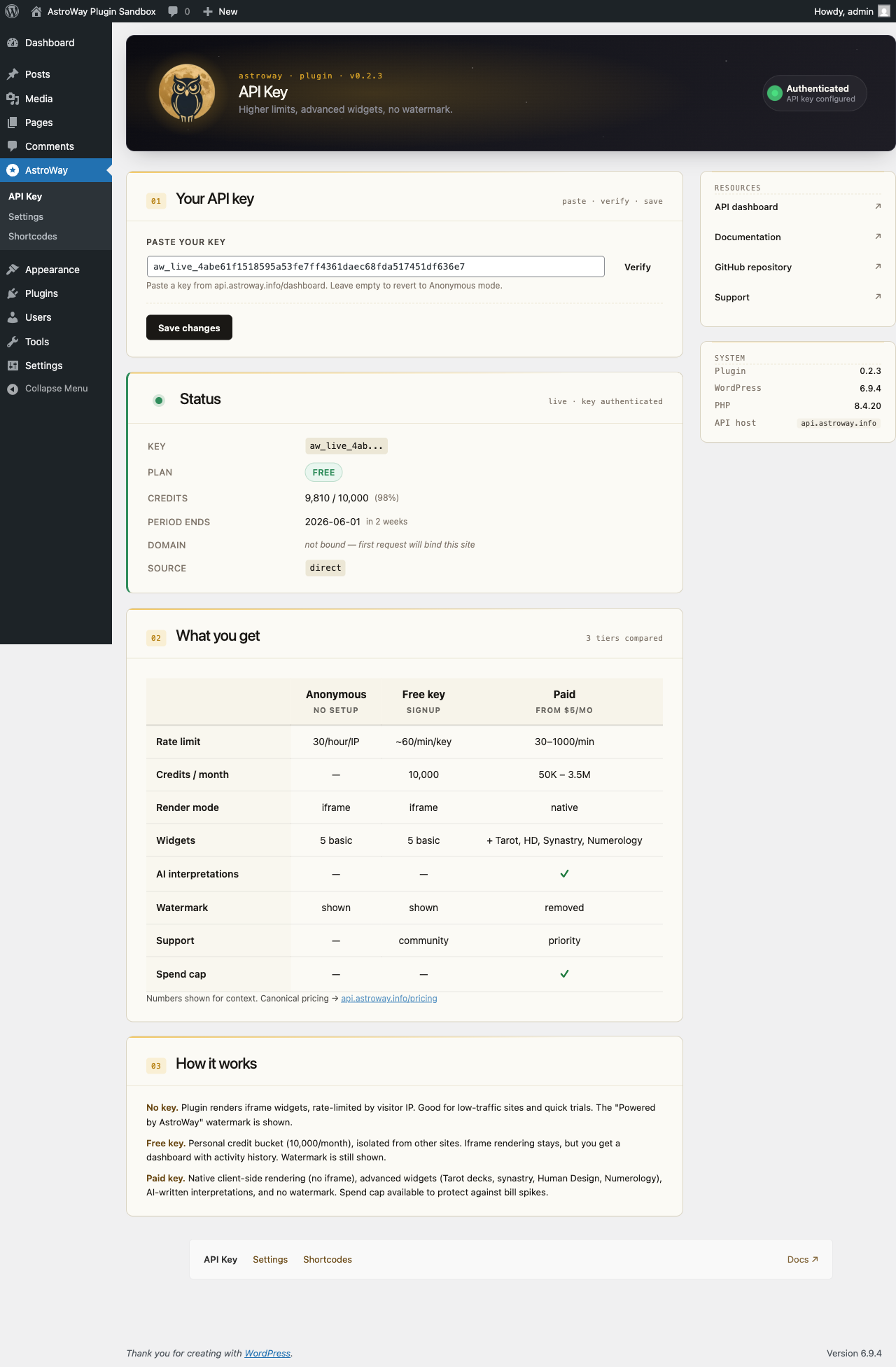 Панель API-ключа